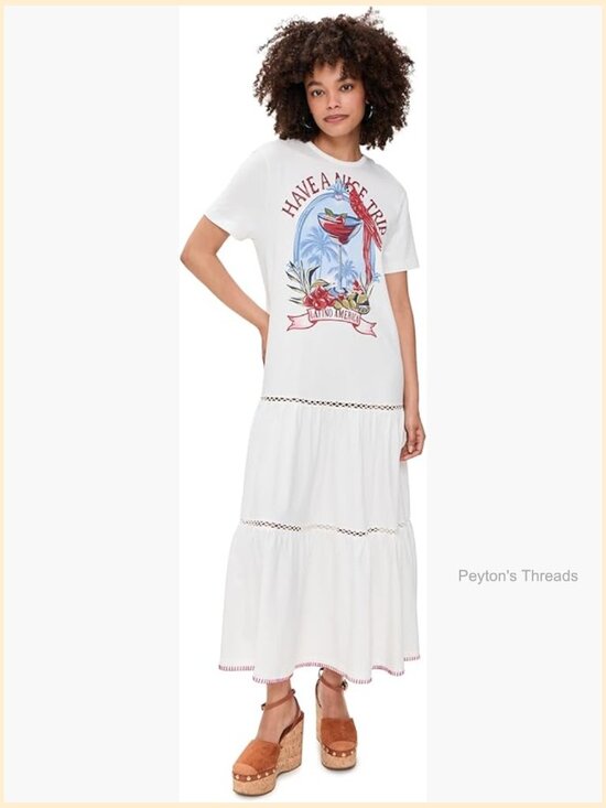 Dresses & Skirts - Women's Maxi Dress with Tropical Graphic, Crew Neck, Short Sleeves, A-Line